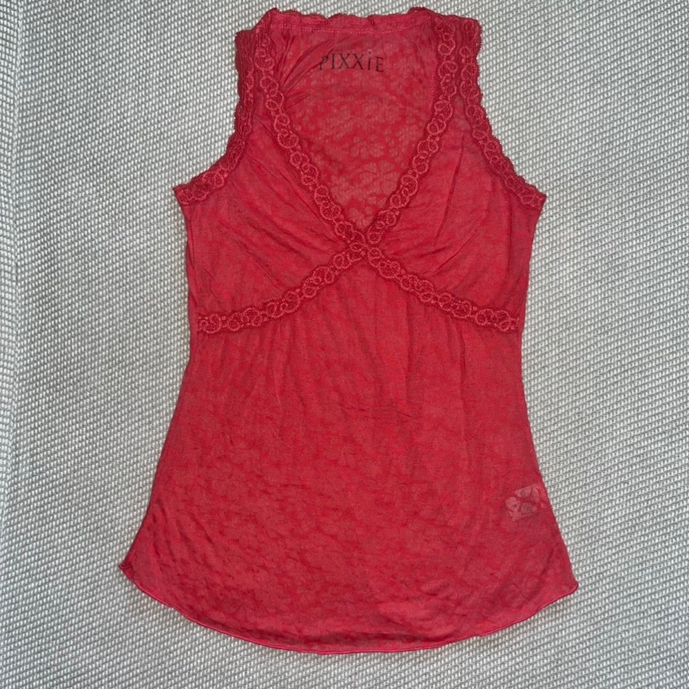 Women’s Y2k Thin Floral Hot Pink Lace Trim Sheer Babydoll Tank Top Sz Sm